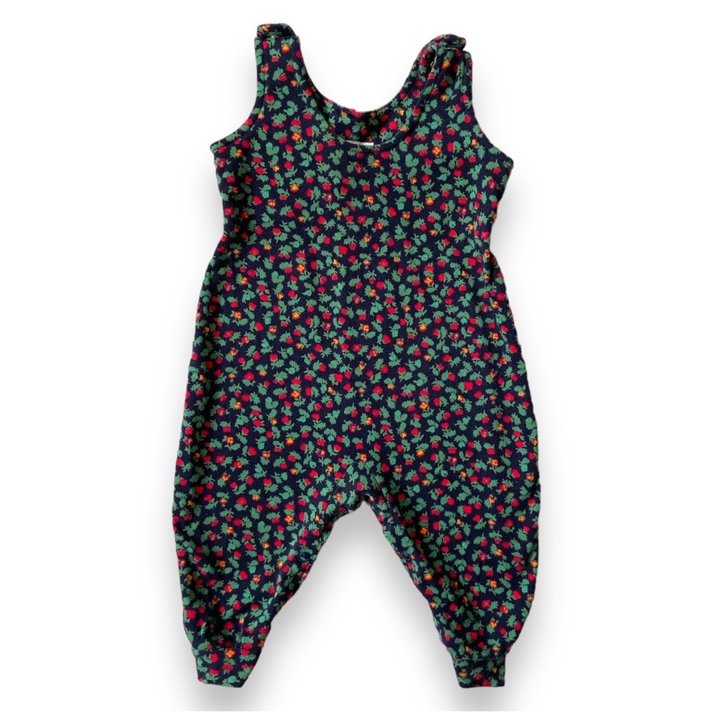 VINTAGE 90s Lands End Romper Jumper Overalls Onesie Floral Black